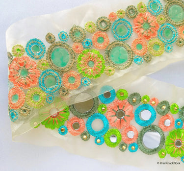 Gold Sheer Tissue Fabric Trim With Coral, Blue And Green Circles and Floral Embroidery With Mirror Trim, Decorative Mirrored Trim